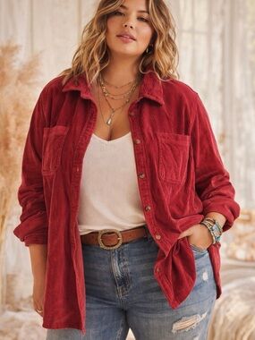 LL Bean Corduroy Shirt Jacket Shacket Size 1X Pink Burgundy‎ Maroon Barn Chore